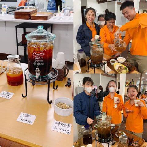 今月のフレーバーティーと社員の笑顔