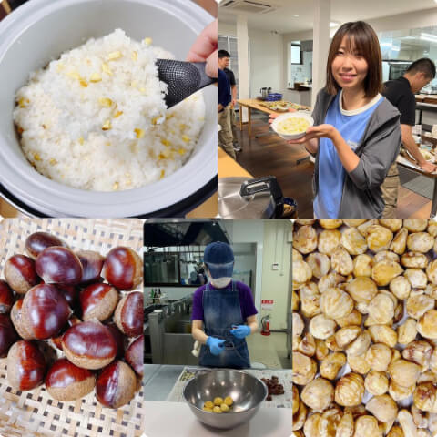 栗おこわと社員の笑顔