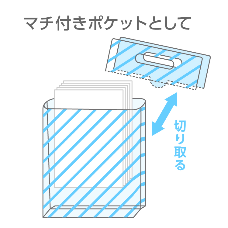 ノーマルタイプは切り取るとマチ付きポケットとして使えます。