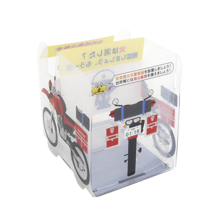 名古屋市名東消防署様_組み立てスマホ・ペンスタンド(乗り物タイプ)「赤鯱(バイク)」-後面-写真