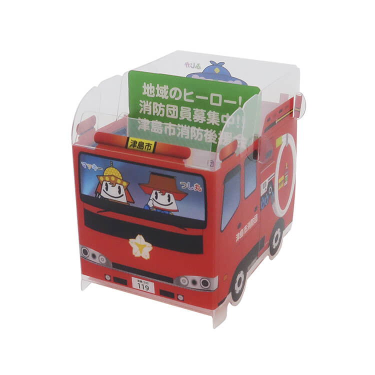 津島市消防本部様_組み立てスマホ・ペンスタンド(乗り物タイプ)「マッキー・つし丸・ふじか」-正面-写真