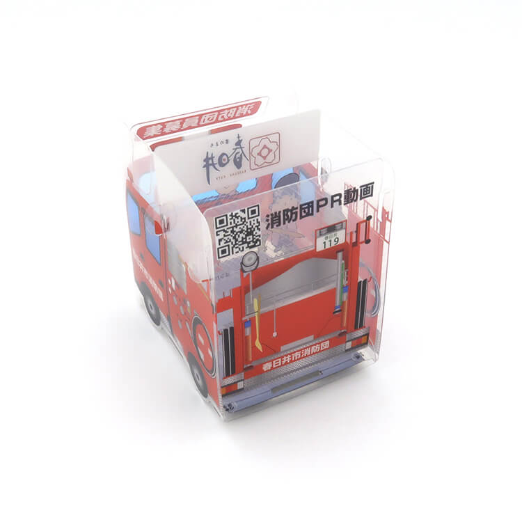 春日井市消防本部様_組み立てスマホ・ペンスタンド(乗り物タイプ)「消防車 書のまち春日井」-後面-写真