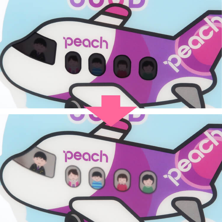 Peach Aviation株式会社様_立つうちわ(オリジナル・示温印刷)「HAVE A GOOD JOURNEY!」-温度で色が変わったところ-写真