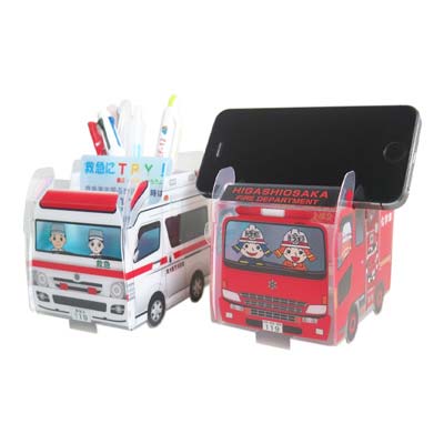 東大阪市西防火協力会様_組み立てスマホペンスタンド(乗り物タイプ)